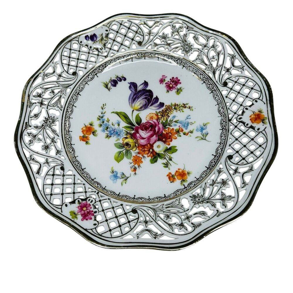 Schumann Dresden Bouquet Pierced Wall Plate 8" Germany Vintage Fine Porcelain